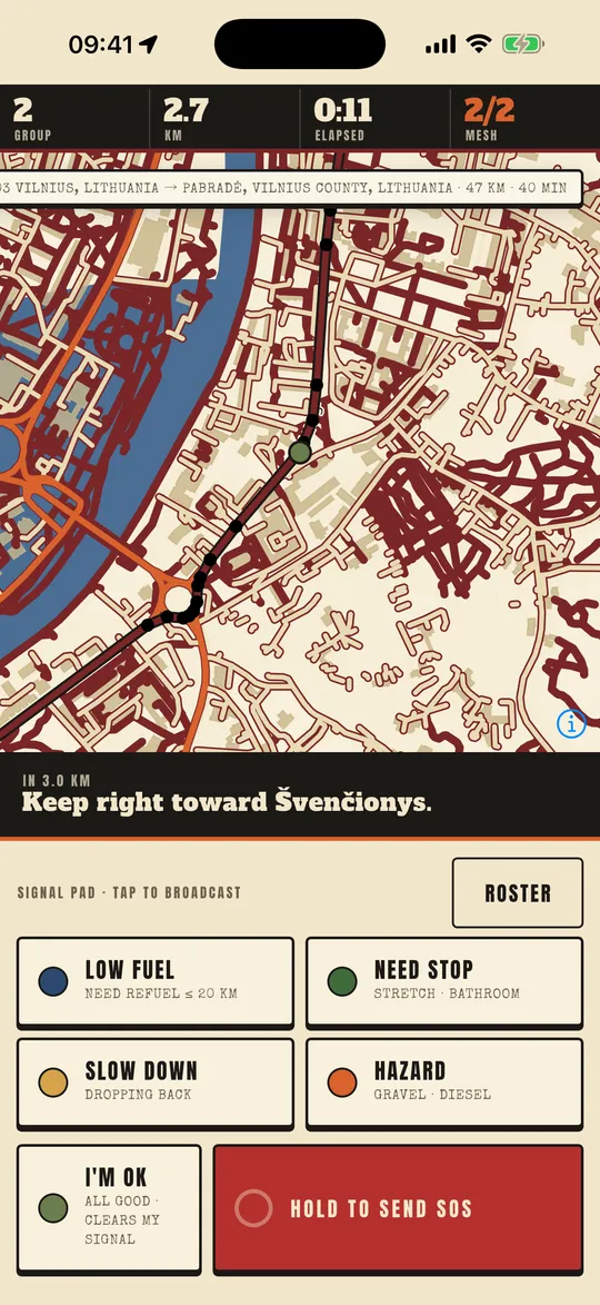 A ride screen: one rider's beacon on the planned route, the status strip, and the six signal keys.
