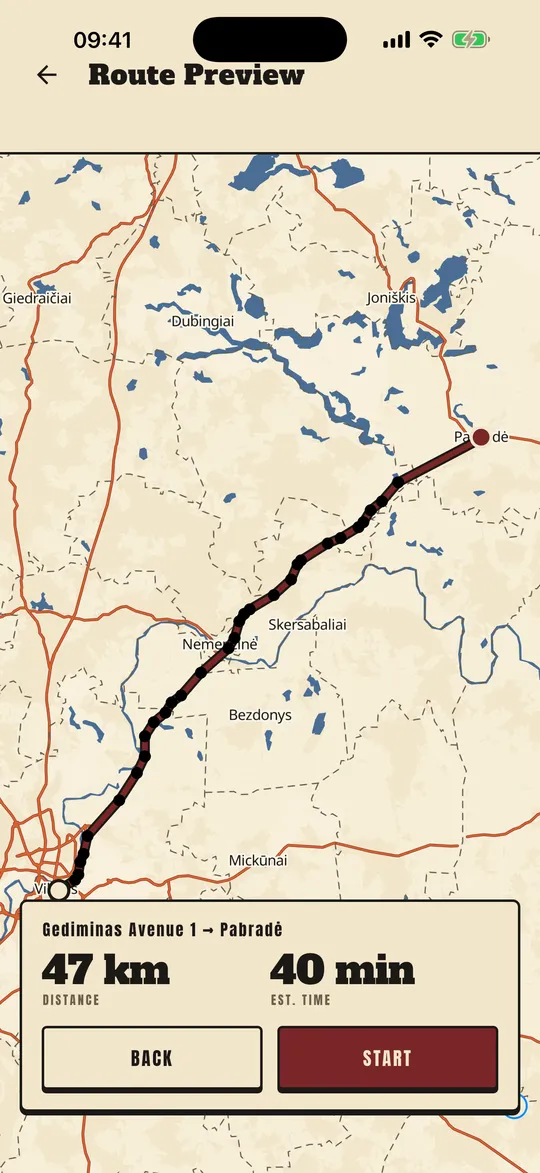 Route preview: Vilnius to Pabradė, 47 km, 40 min, on the map.