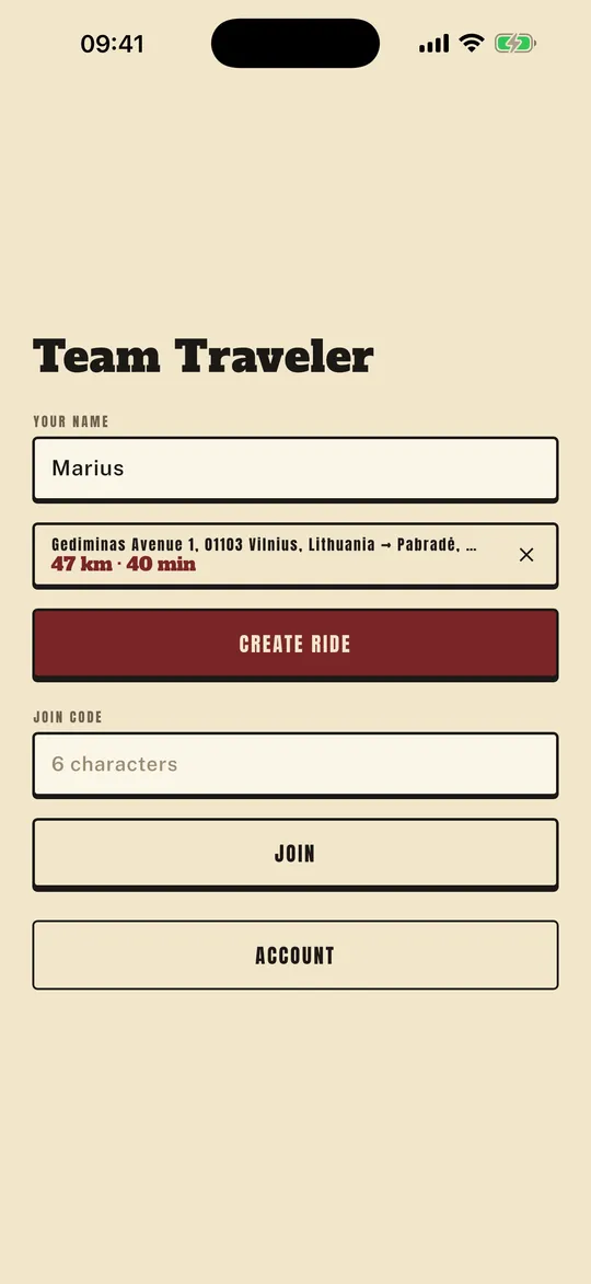 The lobby: create a ride with the planned route, or join by code.